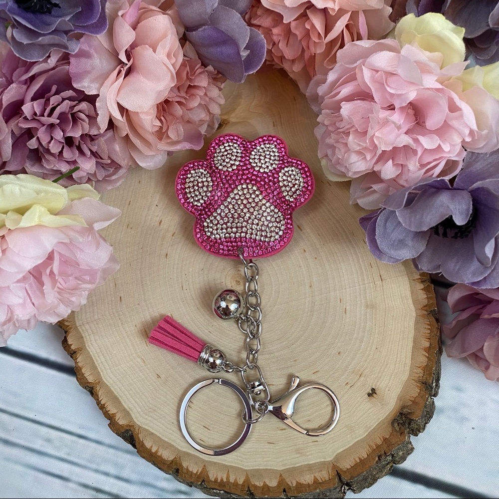 Pink Crystal Paw Print with Tassel on a Keychain - Picture 3 of 8
